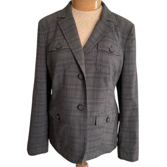 Style & Co. Jackets & Blazers - Style & Co Women's 14P Petite Gray Blazer Plaid Double Breasted Jacket Business